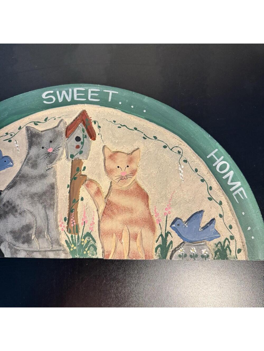 Vtg Wood Sign Welcome Hand Painted Kitty Cat Flowers Country Decor Home Sweet - Picture 4 of 9